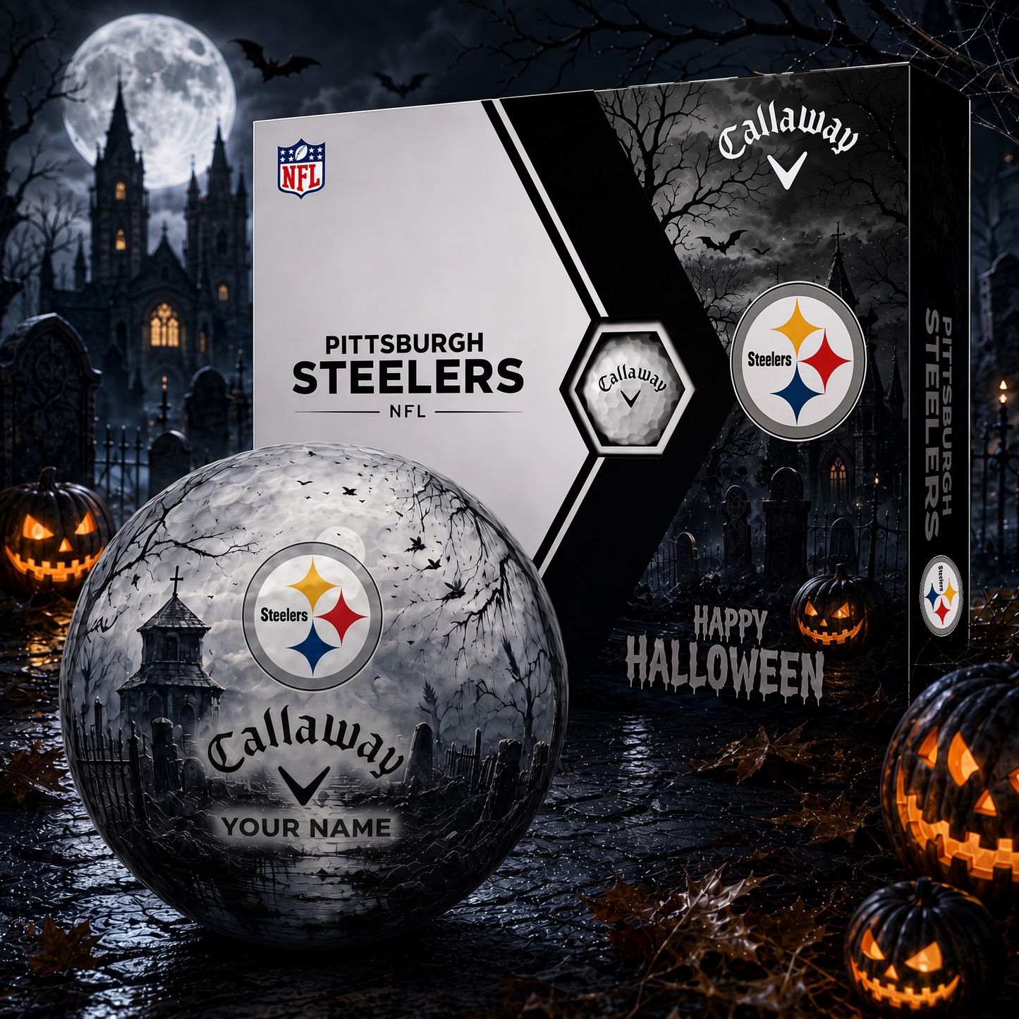 Exclusive NFL x PIT Halloween V1 Personalized Name Golf Ball