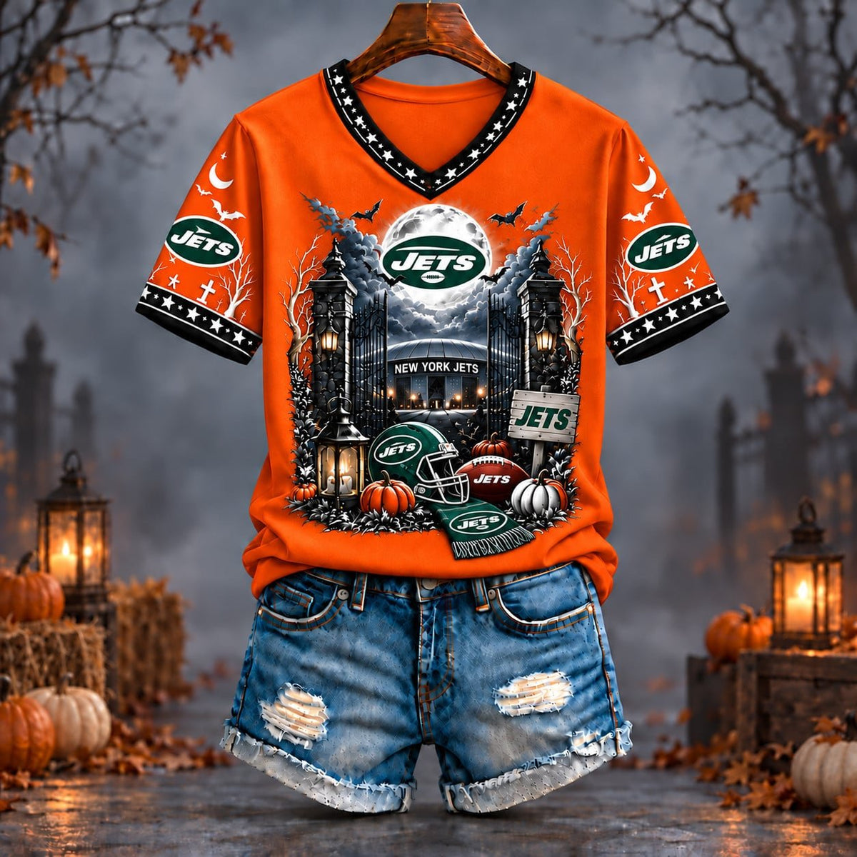 PREMIUM NFL X NYJ EXCLUSIVE SPOOKY NIGHT VNECK- TSHIRT LIMITED EDITION