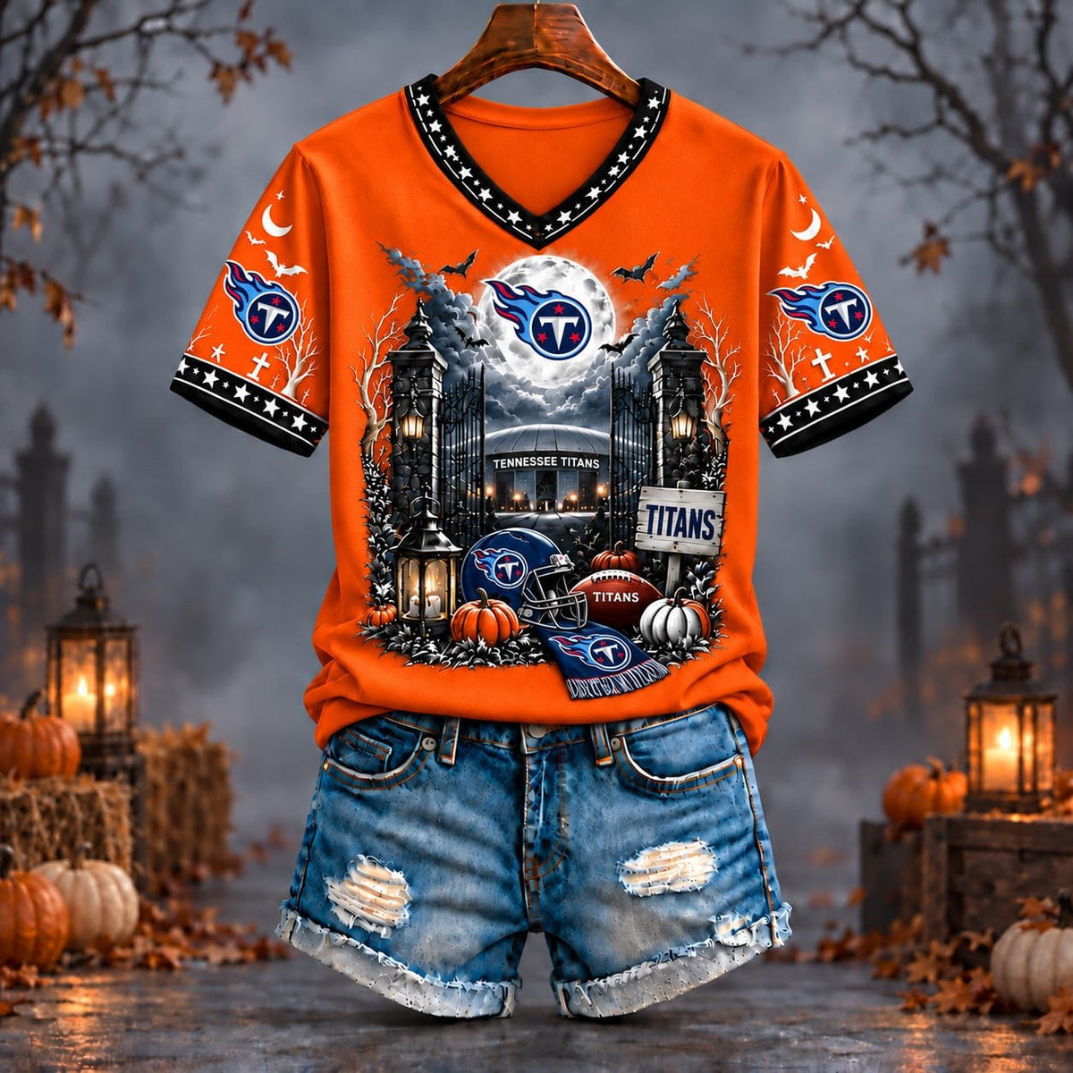 PREMIUM NFL X TEN EXCLUSIVE SPOOKY NIGHT VNECK- TSHIRT LIMITED EDITION