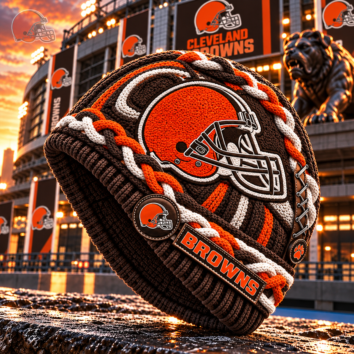 Premium NFL CLE Embroidered Cable Knit Beanie Hat