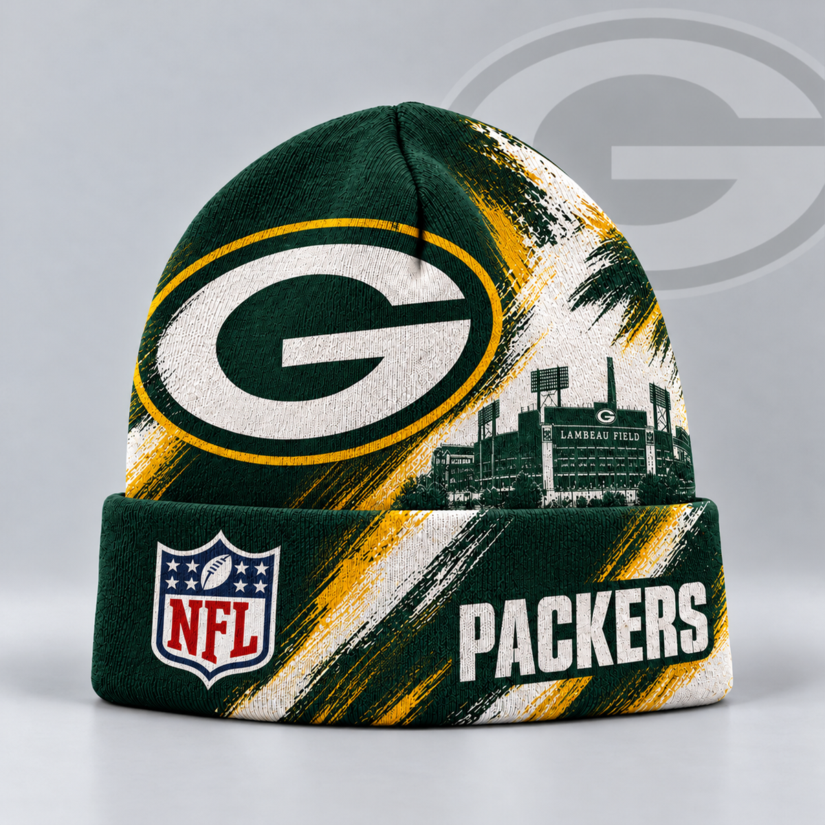 Premium NFL GB Urban Skyline Distressed Brushstroke Knit Cuffed Beanie Hat