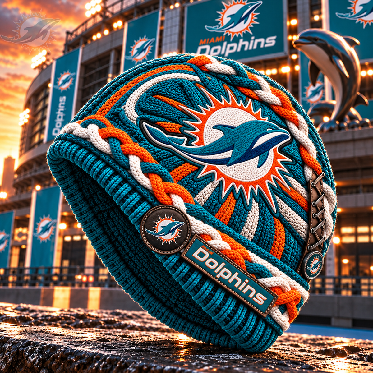 Premium NFL MIA Embroidered Cable Knit Beanie Hat