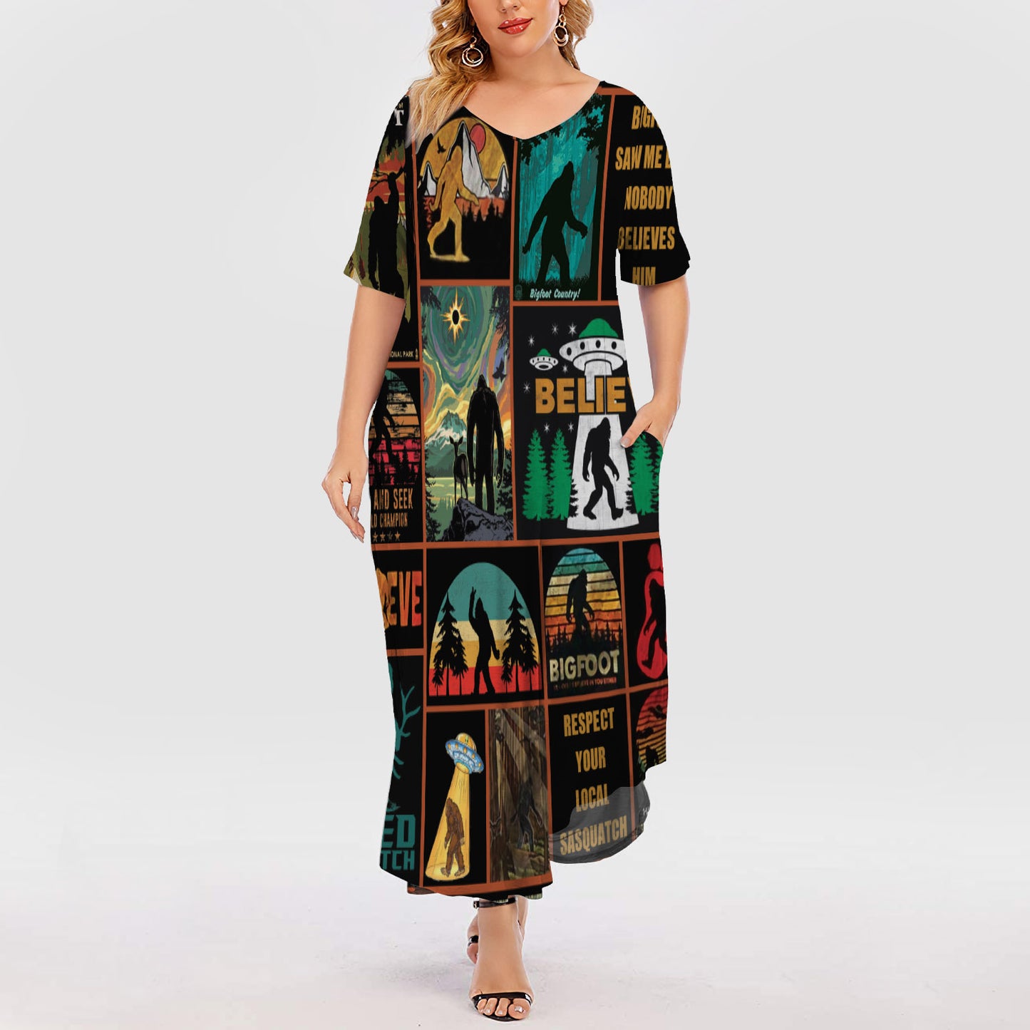Camping Big Foot Short Sleeve Plus Size Maxi Dress | Plus Size Dress | Summer Dress For Women