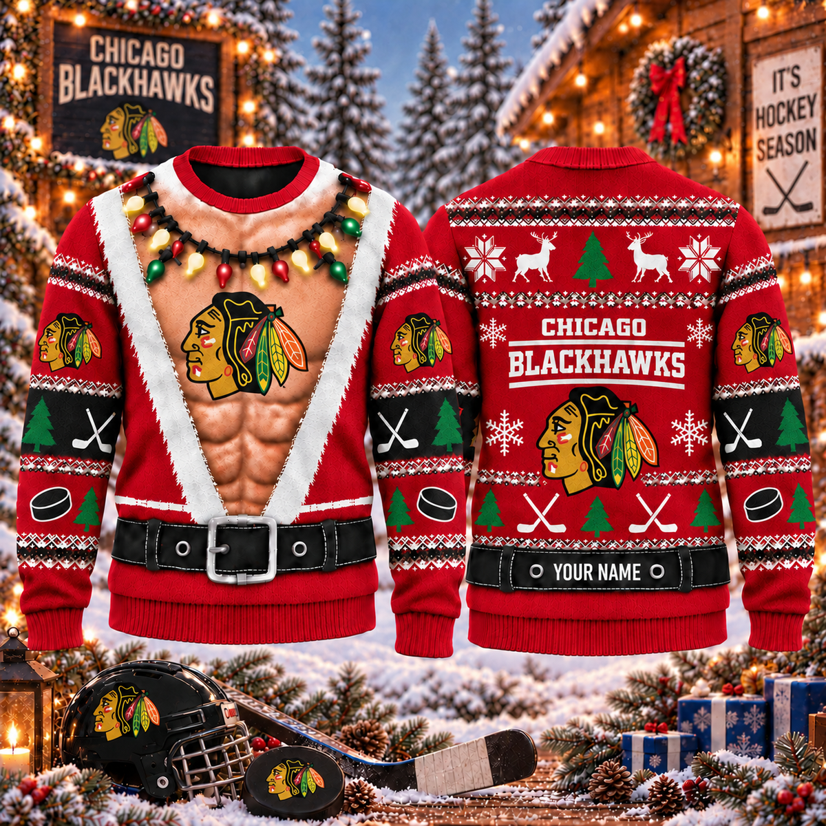 NHL x CHI Christmas Personalized Name Ugly Sweater