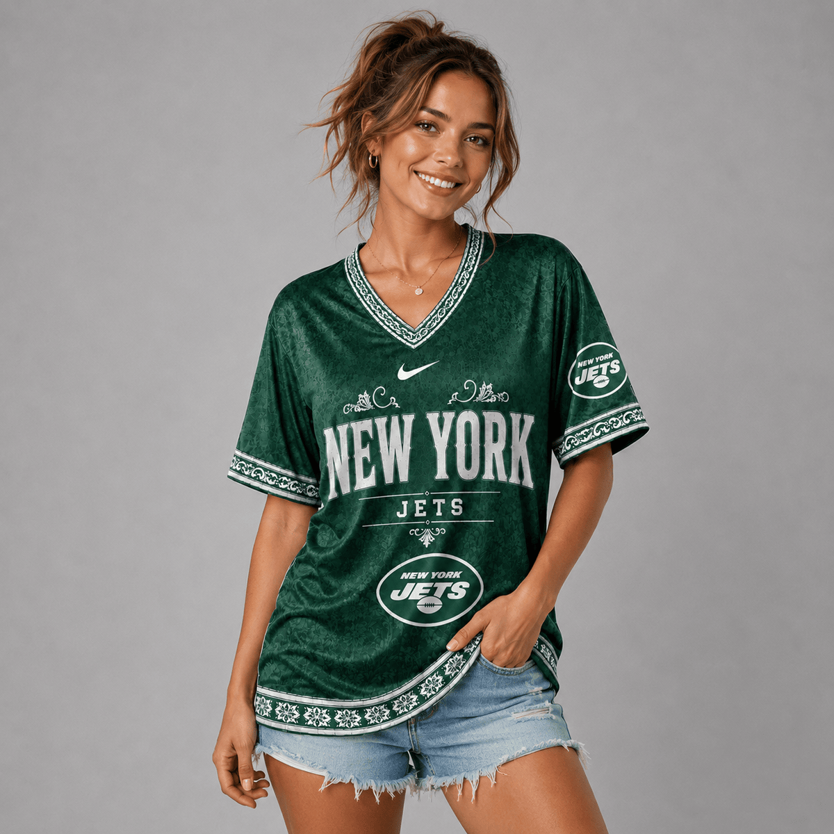 NYJ Premium NFL Classic Floral Satin Shirt