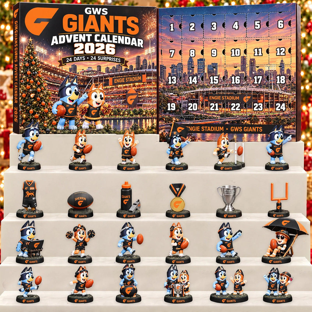 PREMIUM AFL X GWS EXCLUSIVE PERSONALIZED JOURNEY BLUEY & BINGO 24 Days Of FOOTY Advent Calendar Gift For Fan Limited Edition