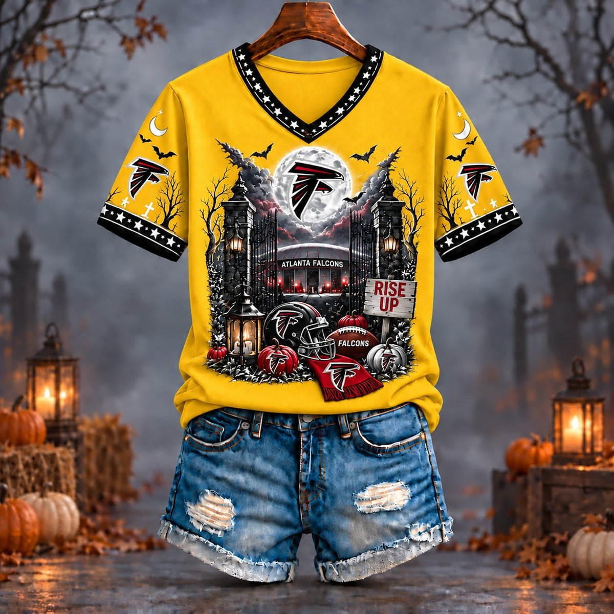 PREMIUM NFL X ATL EXCLUSIVE SPOOKY NIGHT VNECK- TSHIRT LIMITED EDITION