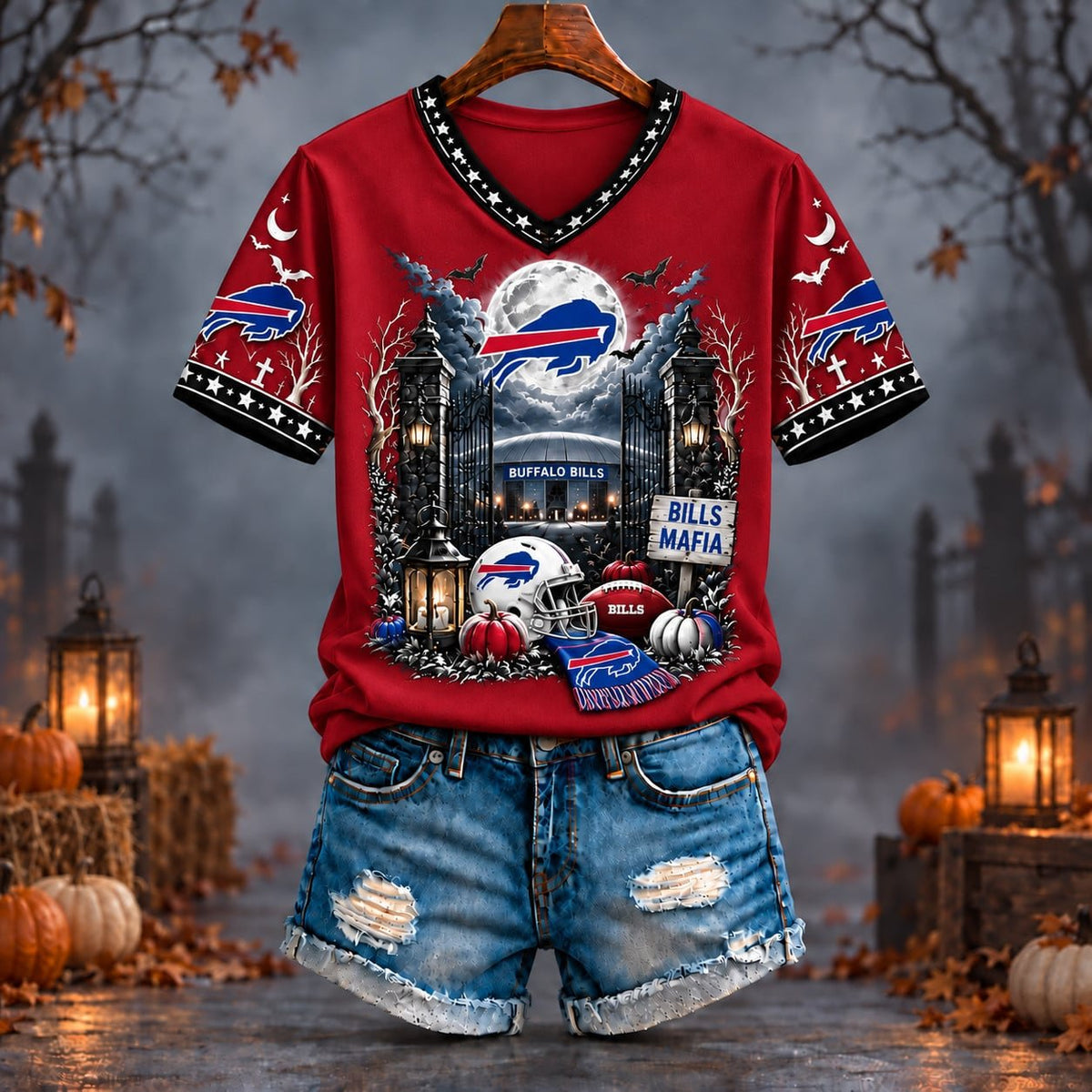 PREMIUM NFL X BUF EXCLUSIVE SPOOKY NIGHT VNECK- TSHIRT LIMITED EDITION
