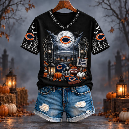 PREMIUM NFL X CHI EXCLUSIVE SPOOKY NIGHT VNECK- TSHIRT LIMITED EDITION