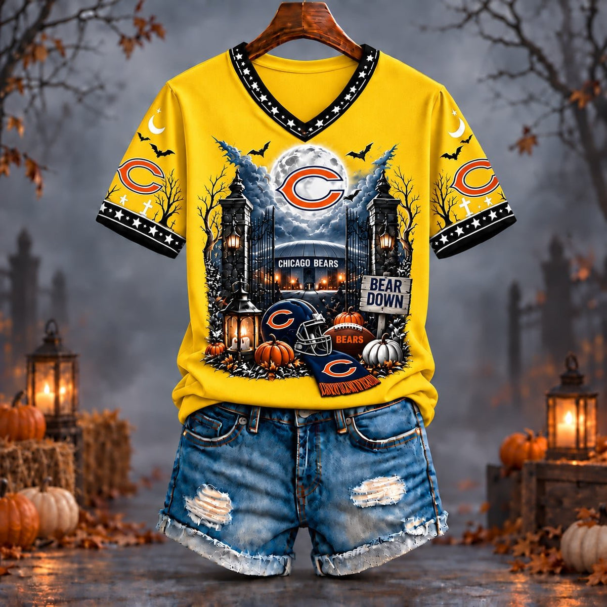 PREMIUM NFL X CHI EXCLUSIVE SPOOKY NIGHT VNECK- TSHIRT LIMITED EDITION
