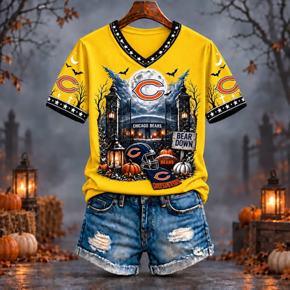 PREMIUM NFL X CHI EXCLUSIVE SPOOKY NIGHT VNECK- TSHIRT LIMITED EDITION