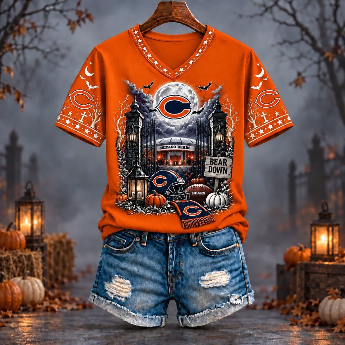 PREMIUM NFL X CHI EXCLUSIVE SPOOKY NIGHT VNECK- TSHIRT LIMITED EDITION