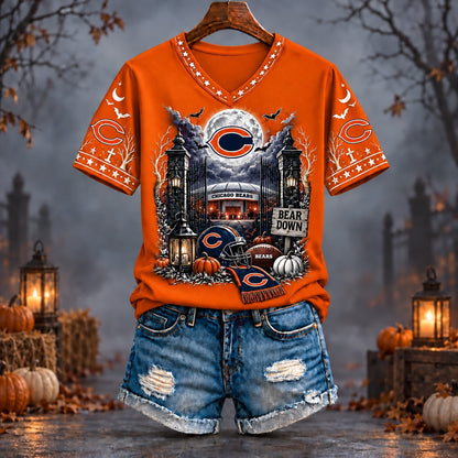 PREMIUM NFL X CHI EXCLUSIVE SPOOKY NIGHT VNECK- TSHIRT LIMITED EDITION