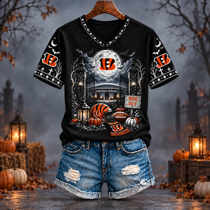 PREMIUM NFL X CIN EXCLUSIVE SPOOKY NIGHT VNECK- TSHIRT LIMITED EDITION