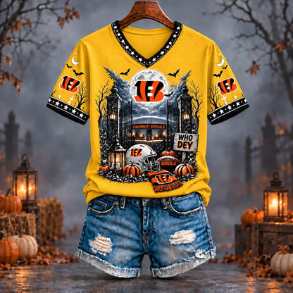 PREMIUM NFL X CIN EXCLUSIVE SPOOKY NIGHT VNECK- TSHIRT LIMITED EDITION