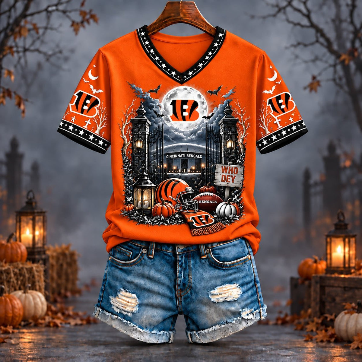 PREMIUM NFL X CIN EXCLUSIVE SPOOKY NIGHT VNECK- TSHIRT LIMITED EDITION