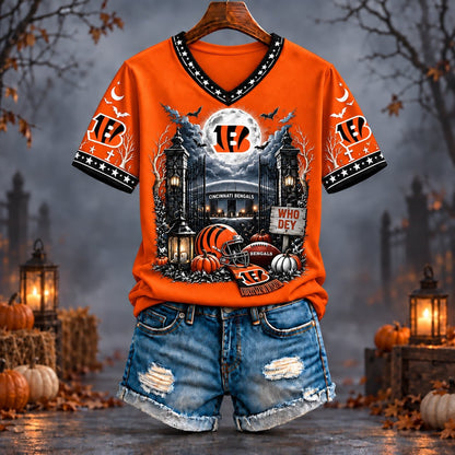 PREMIUM NFL X CIN EXCLUSIVE SPOOKY NIGHT VNECK- TSHIRT LIMITED EDITION