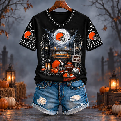 PREMIUM NFL X CLE EXCLUSIVE SPOOKY NIGHT VNECK- TSHIRT LIMITED EDITION
