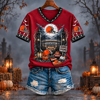PREMIUM NFL X CLE EXCLUSIVE SPOOKY NIGHT VNECK- TSHIRT LIMITED EDITION