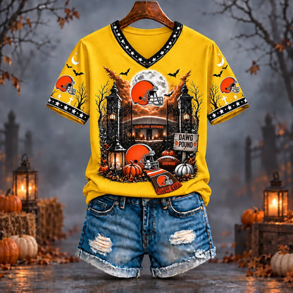 PREMIUM NFL X CLE EXCLUSIVE SPOOKY NIGHT VNECK- TSHIRT LIMITED EDITION