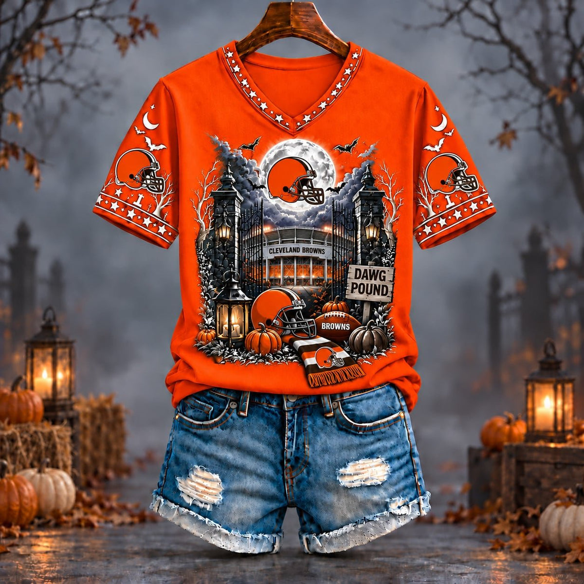 PREMIUM NFL X CLE EXCLUSIVE SPOOKY NIGHT VNECK- TSHIRT LIMITED EDITION