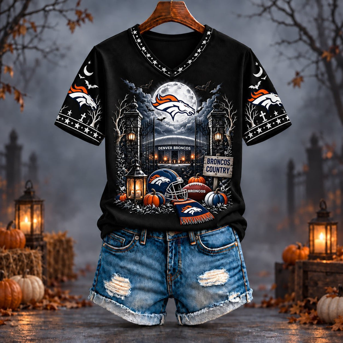 PREMIUM NFL X DEN EXCLUSIVE SPOOKY NIGHT VNECK- TSHIRT LIMITED EDITION
