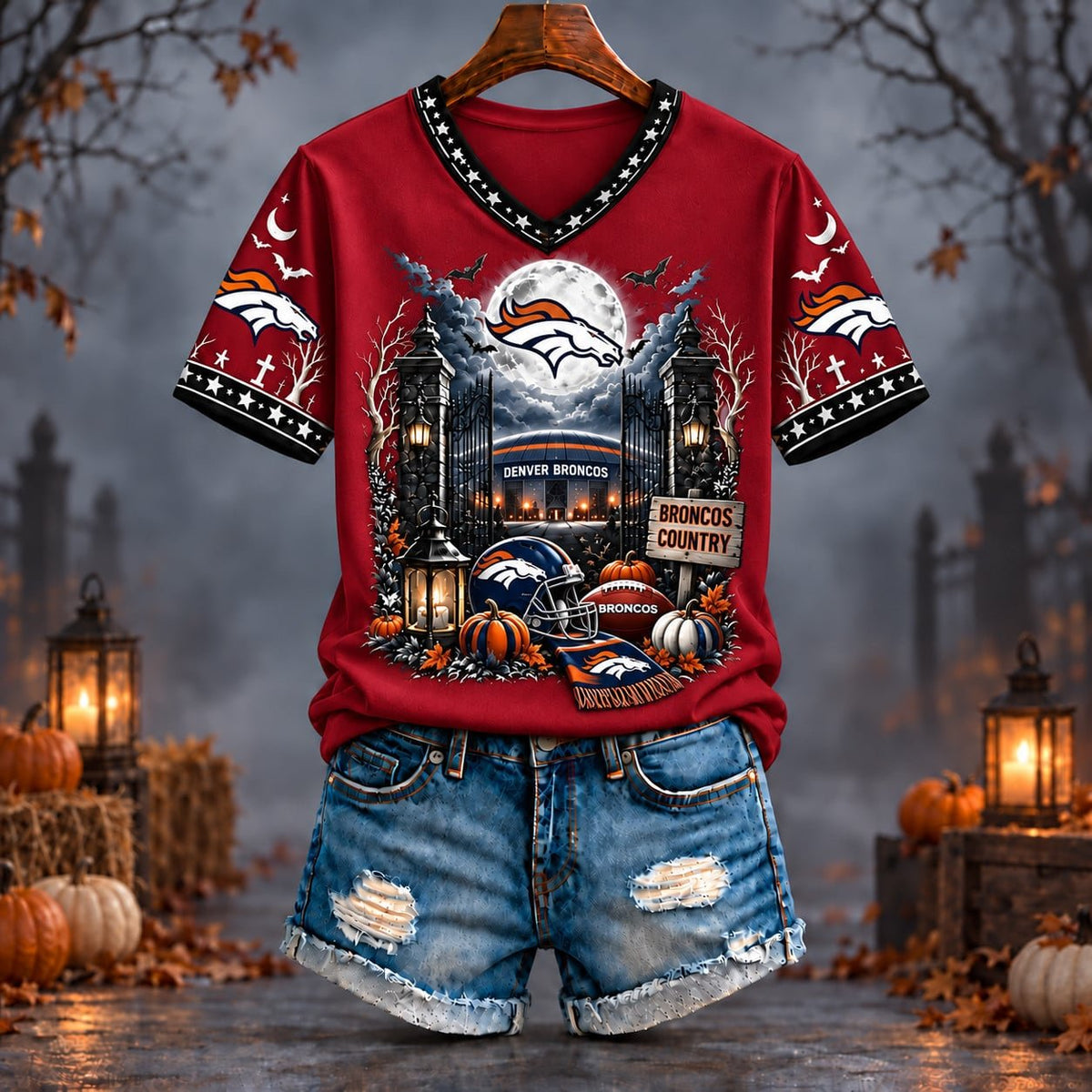 PREMIUM NFL X DEN EXCLUSIVE SPOOKY NIGHT VNECK- TSHIRT LIMITED EDITION