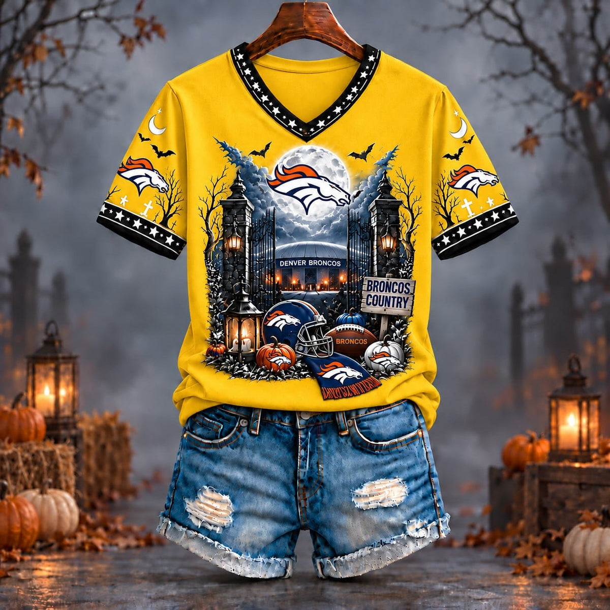 PREMIUM NFL X DEN EXCLUSIVE SPOOKY NIGHT VNECK- TSHIRT LIMITED EDITION