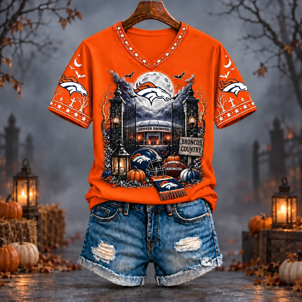 PREMIUM NFL X DEN EXCLUSIVE SPOOKY NIGHT VNECK- TSHIRT LIMITED EDITION