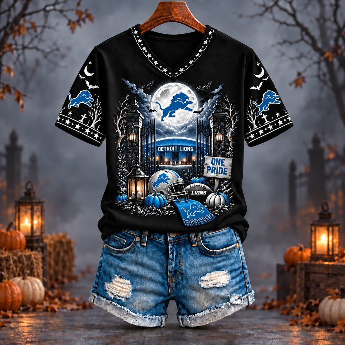 PREMIUM NFL X DET EXCLUSIVE SPOOKY NIGHT VNECK- TSHIRT LIMITED EDITION