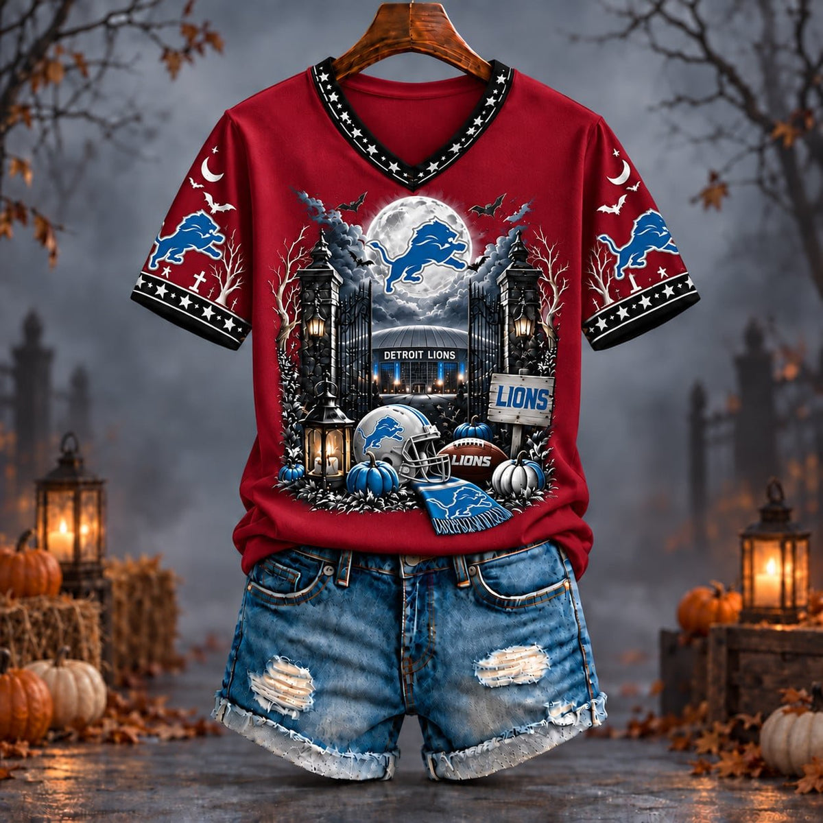 PREMIUM NFL X DET EXCLUSIVE SPOOKY NIGHT VNECK- TSHIRT LIMITED EDITION
