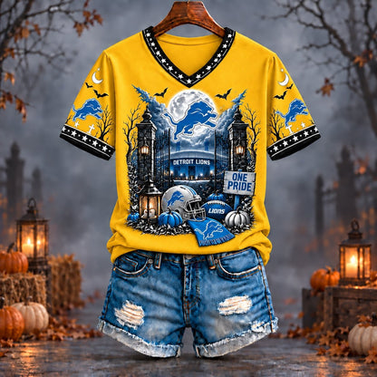 PREMIUM NFL X DET EXCLUSIVE SPOOKY NIGHT VNECK- TSHIRT LIMITED EDITION