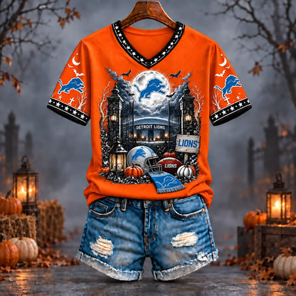 PREMIUM NFL X DET EXCLUSIVE SPOOKY NIGHT VNECK- TSHIRT LIMITED EDITION