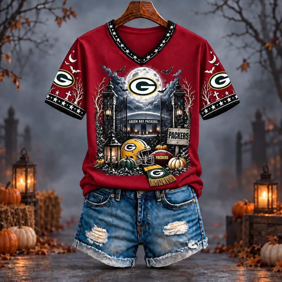 PREMIUM NFL X GB EXCLUSIVE SPOOKY NIGHT VNECK- TSHIRT LIMITED EDITION