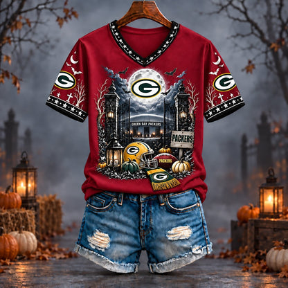 PREMIUM NFL X GB EXCLUSIVE SPOOKY NIGHT VNECK- TSHIRT LIMITED EDITION