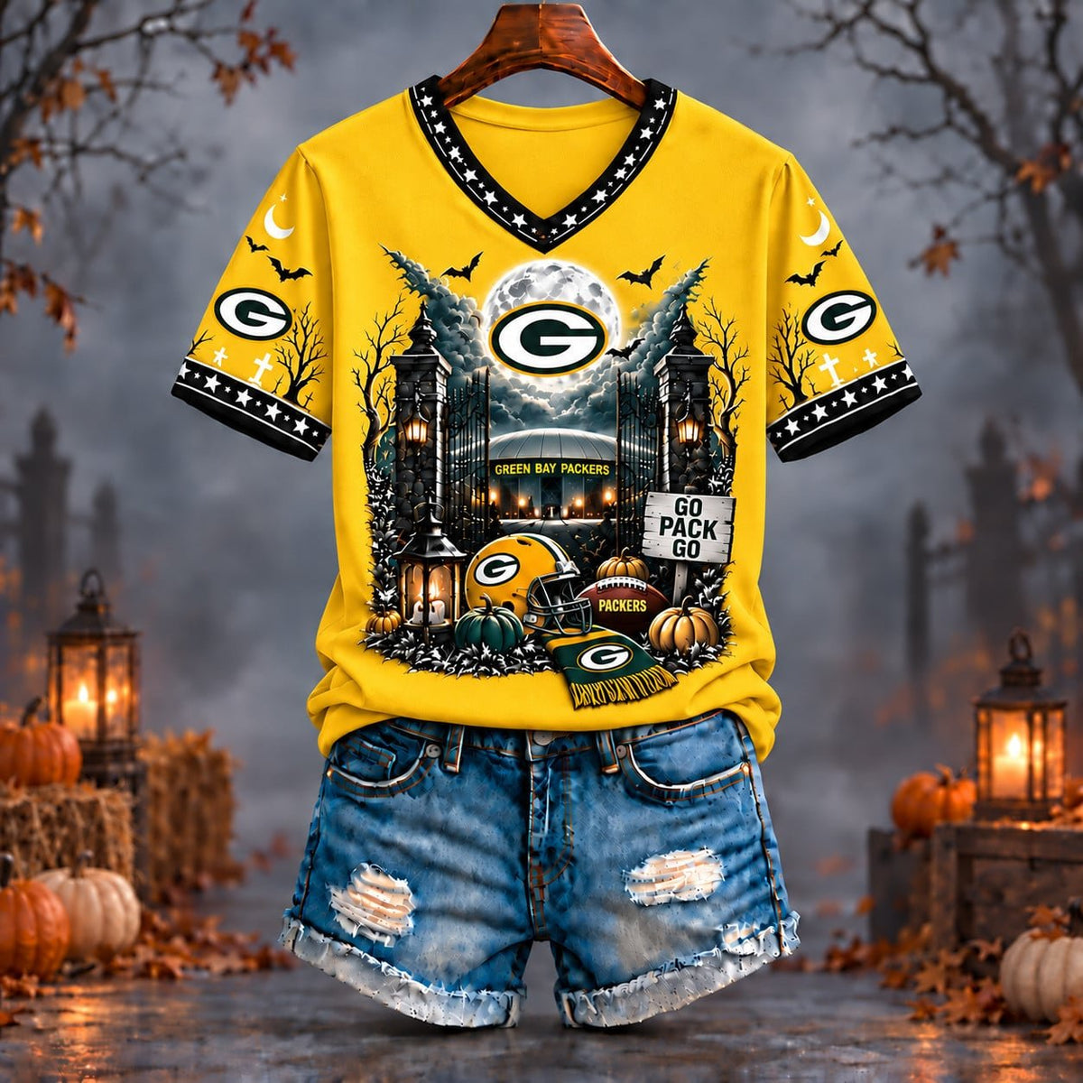 PREMIUM NFL X GB EXCLUSIVE SPOOKY NIGHT VNECK- TSHIRT LIMITED EDITION