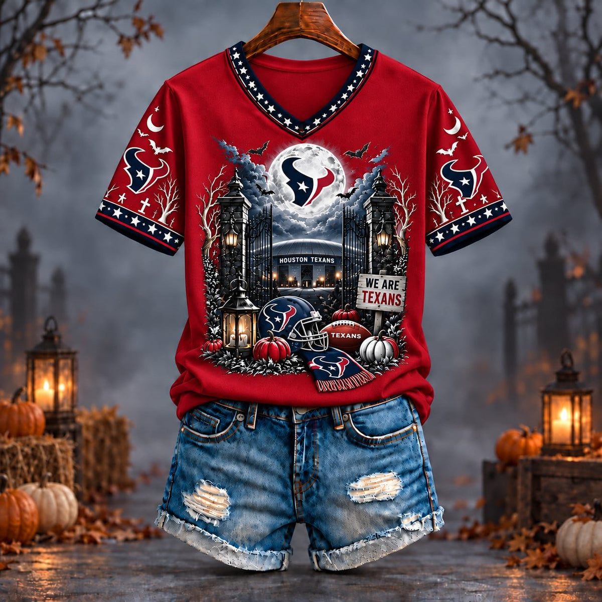 PREMIUM NFL X HOU EXCLUSIVE SPOOKY NIGHT VNECK- TSHIRT LIMITED EDITION