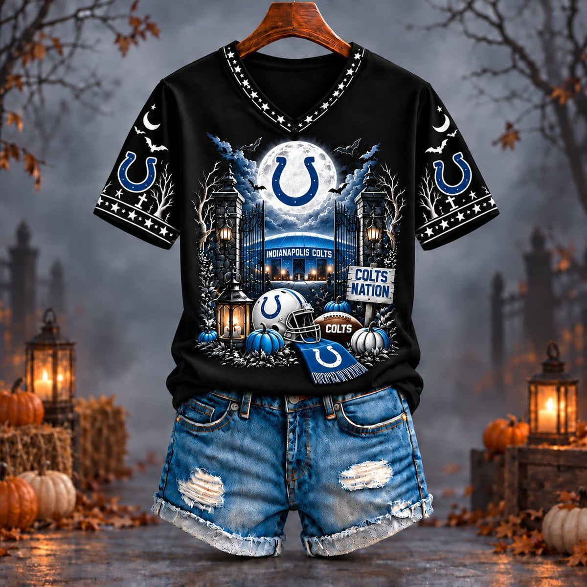 PREMIUM NFL X IND EXCLUSIVE SPOOKY NIGHT VNECK- TSHIRT LIMITED EDITION