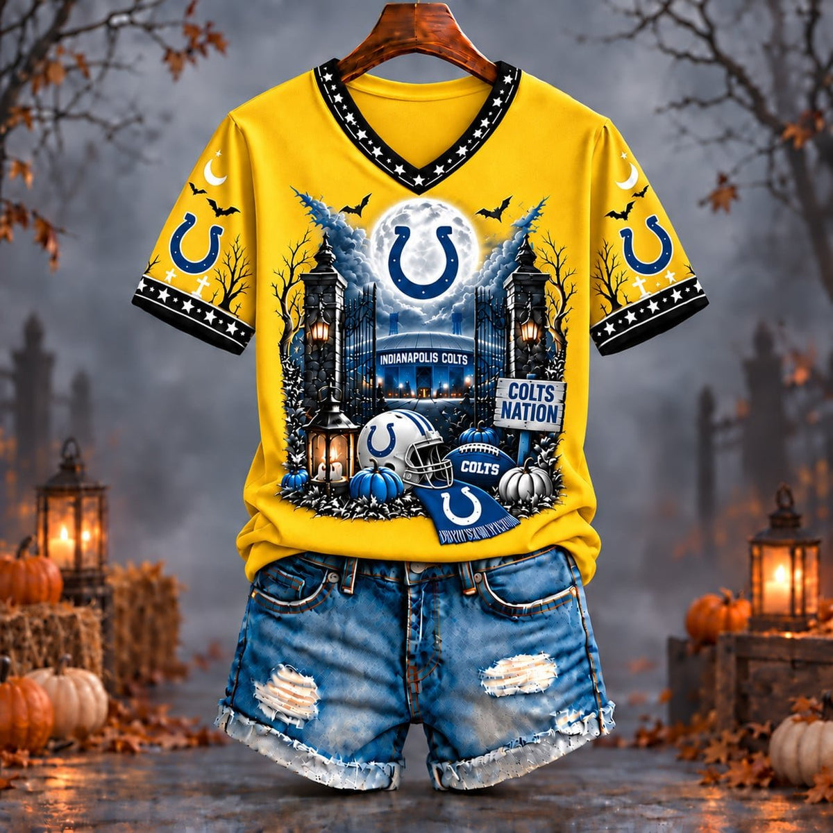 PREMIUM NFL X IND EXCLUSIVE SPOOKY NIGHT VNECK- TSHIRT LIMITED EDITION