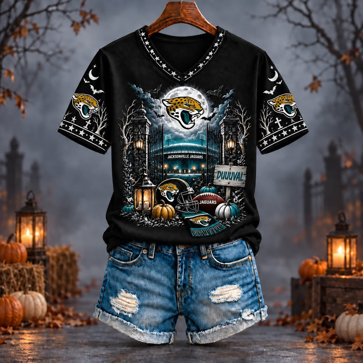 PREMIUM NFL X JAC EXCLUSIVE SPOOKY NIGHT VNECK- TSHIRT LIMITED EDITION