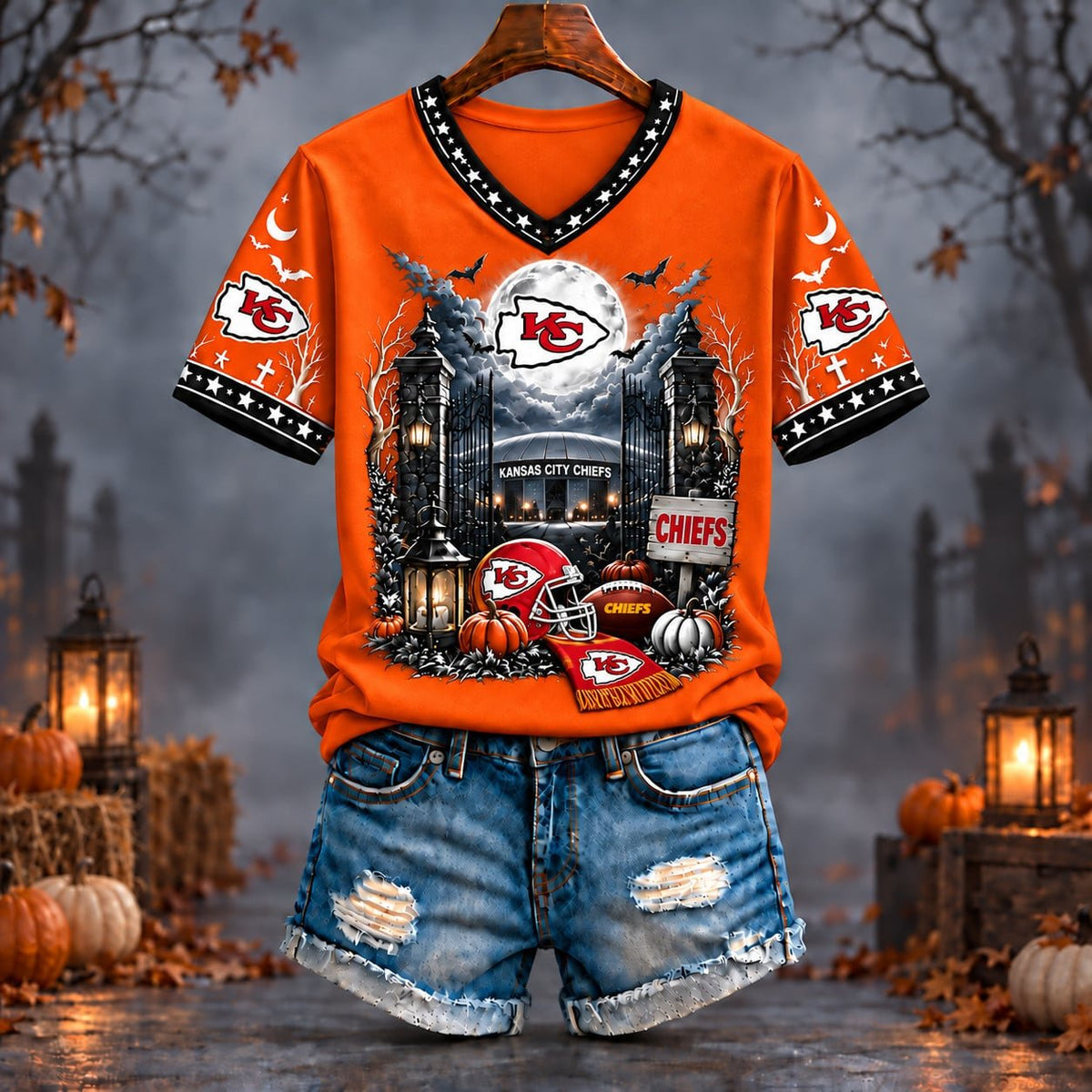 PREMIUM NFL X KC EXCLUSIVE SPOOKY NIGHT VNECK- TSHIRT LIMITED EDITION