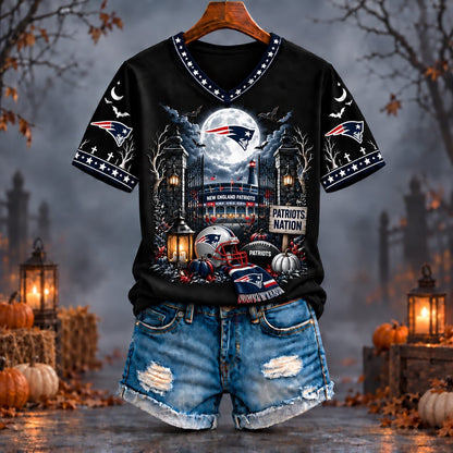 PREMIUM NFL X NE EXCLUSIVE SPOOKY NIGHT VNECK- TSHIRT LIMITED EDITION
