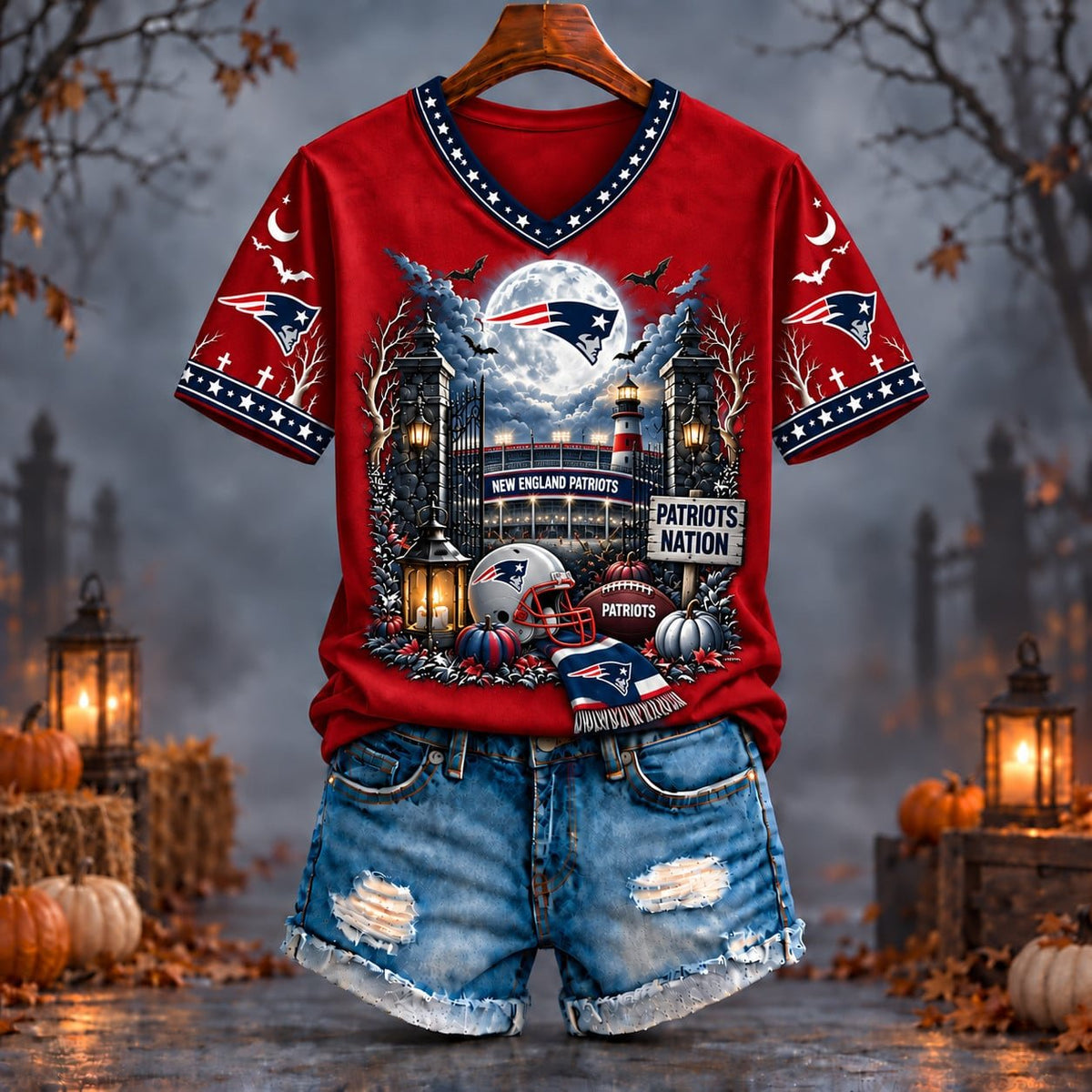 PREMIUM NFL X NE EXCLUSIVE SPOOKY NIGHT VNECK- TSHIRT LIMITED EDITION