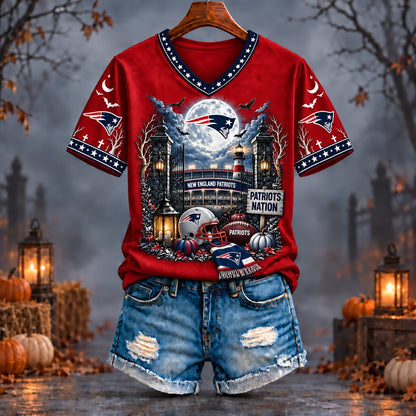 PREMIUM NFL X NE EXCLUSIVE SPOOKY NIGHT VNECK- TSHIRT LIMITED EDITION