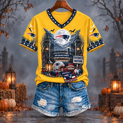 PREMIUM NFL X NE EXCLUSIVE SPOOKY NIGHT VNECK- TSHIRT LIMITED EDITION
