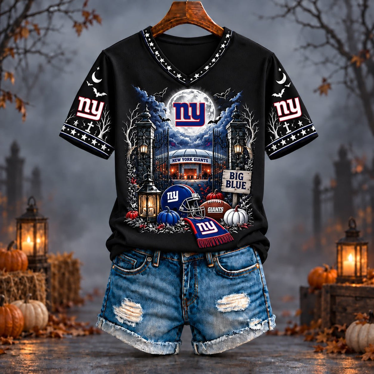 PREMIUM NFL X NYG EXCLUSIVE SPOOKY NIGHT VNECK- TSHIRT LIMITED EDITION