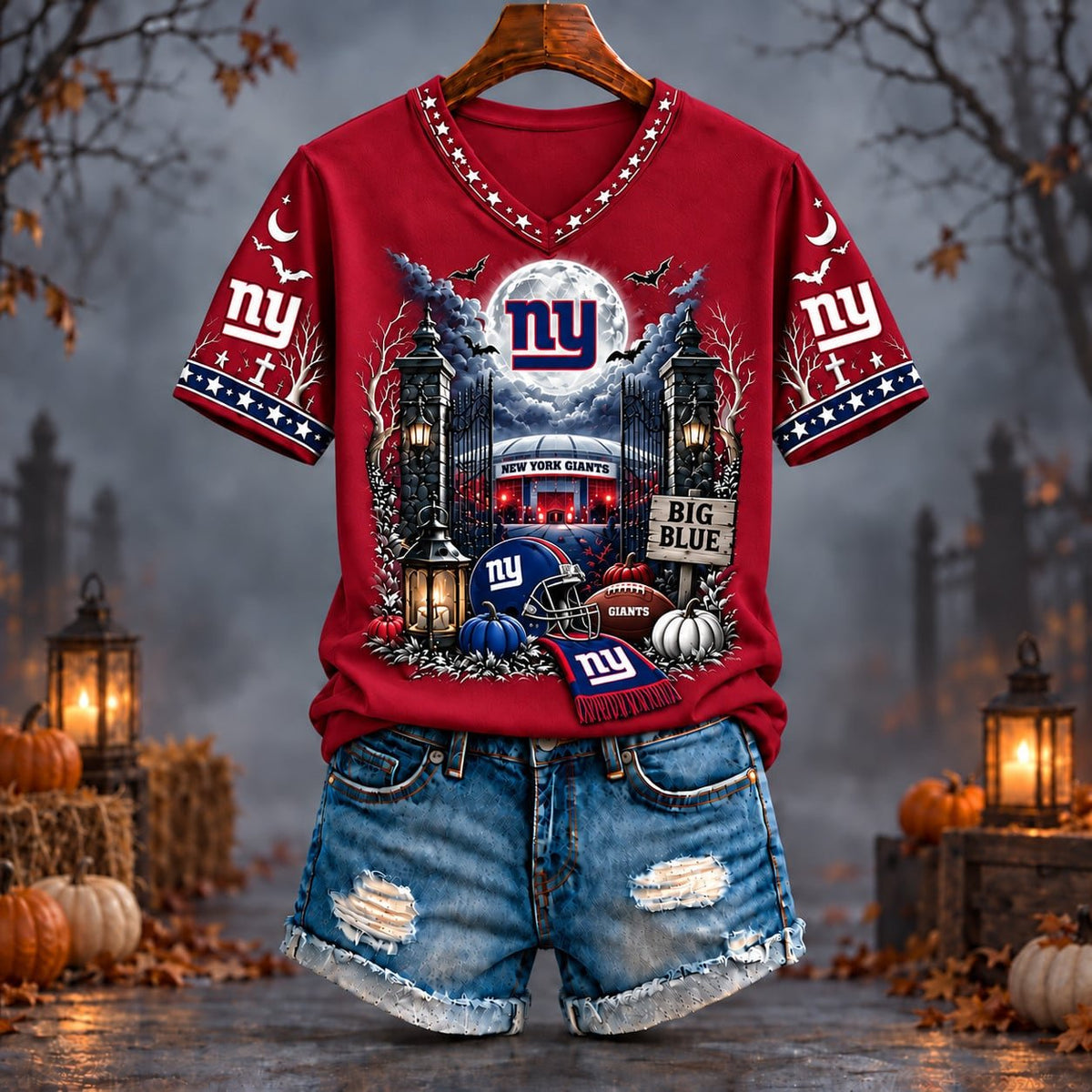 PREMIUM NFL X NYG EXCLUSIVE SPOOKY NIGHT VNECK- TSHIRT LIMITED EDITION