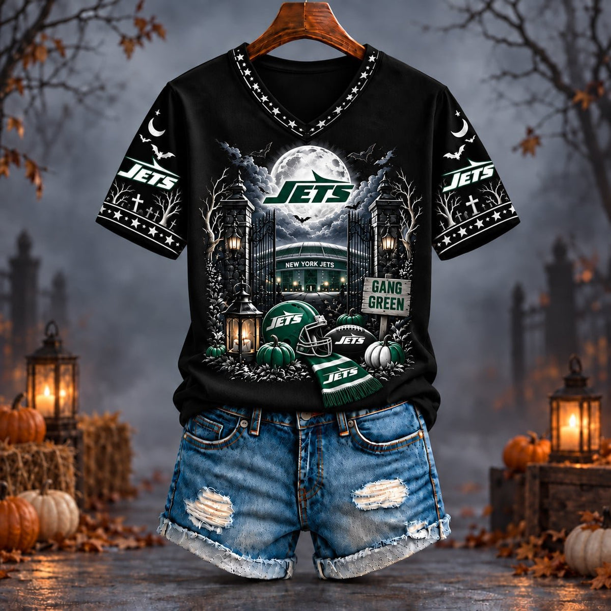 PREMIUM NFL X NYJ EXCLUSIVE SPOOKY NIGHT VNECK- TSHIRT LIMITED EDITION