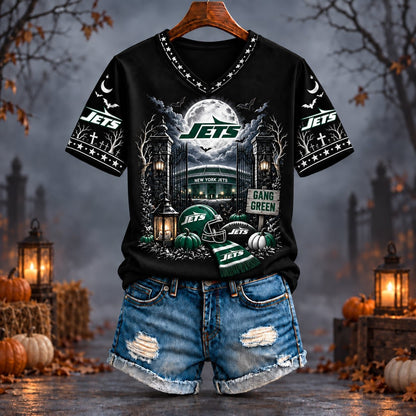 PREMIUM NFL X NYJ EXCLUSIVE SPOOKY NIGHT VNECK- TSHIRT LIMITED EDITION