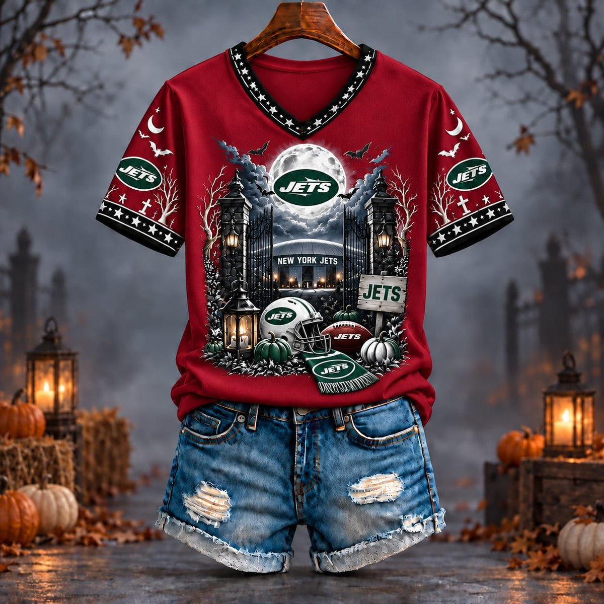 PREMIUM NFL X NYJ EXCLUSIVE SPOOKY NIGHT VNECK- TSHIRT LIMITED EDITION